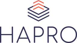 HAPRO Logo of blue cube with orange arrows rising for inside it